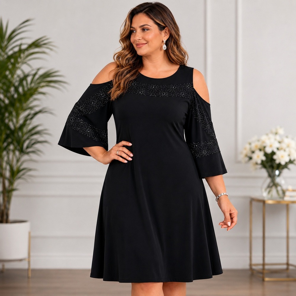 NWT R&M Richards Cold Shoulder Dress Plus‎ Sz 20 Black Bell Sleeve Cocktail Glam